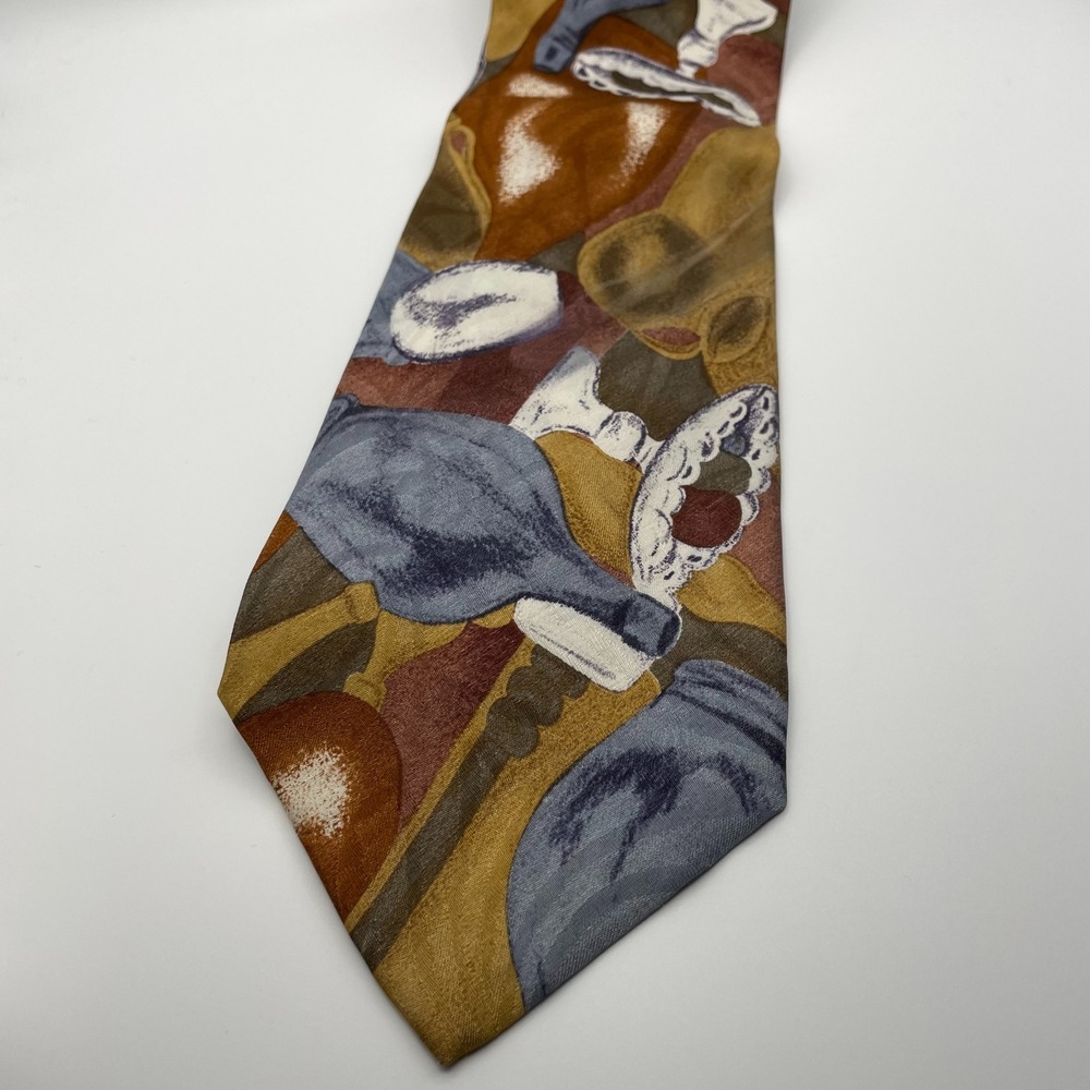 LAZO Made in Italy Silk Necktie Bottle Print Brown Blue Abstract Pattern Tie
